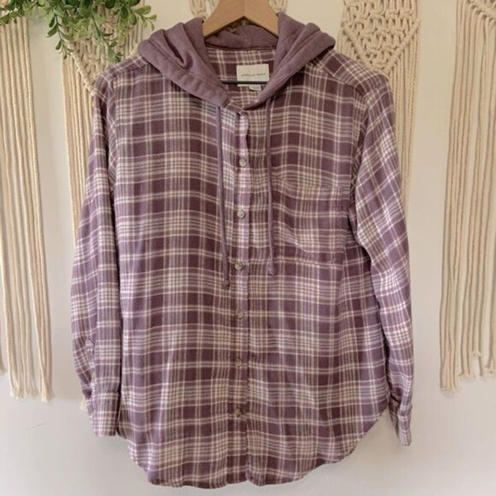 AMERICAN EAGLE Women's Plaid‎ Button Up Flannel Hoodie Purple Size XS